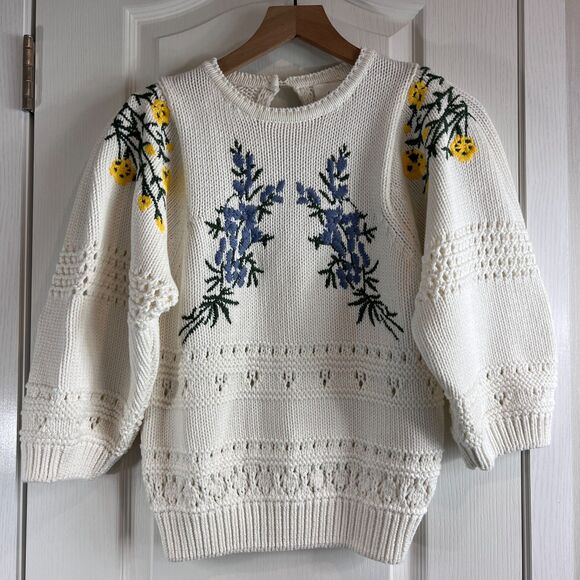 ba&sh Women's Miro Boxy Floral Embroidered Cotton Sweater Size 0 - Picture 1 of 12